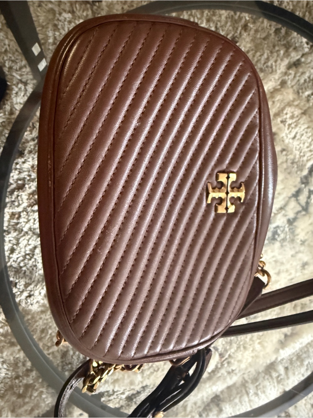 Tory Burch Brown Quilted Leather Camera Crossbody with Gold Logo